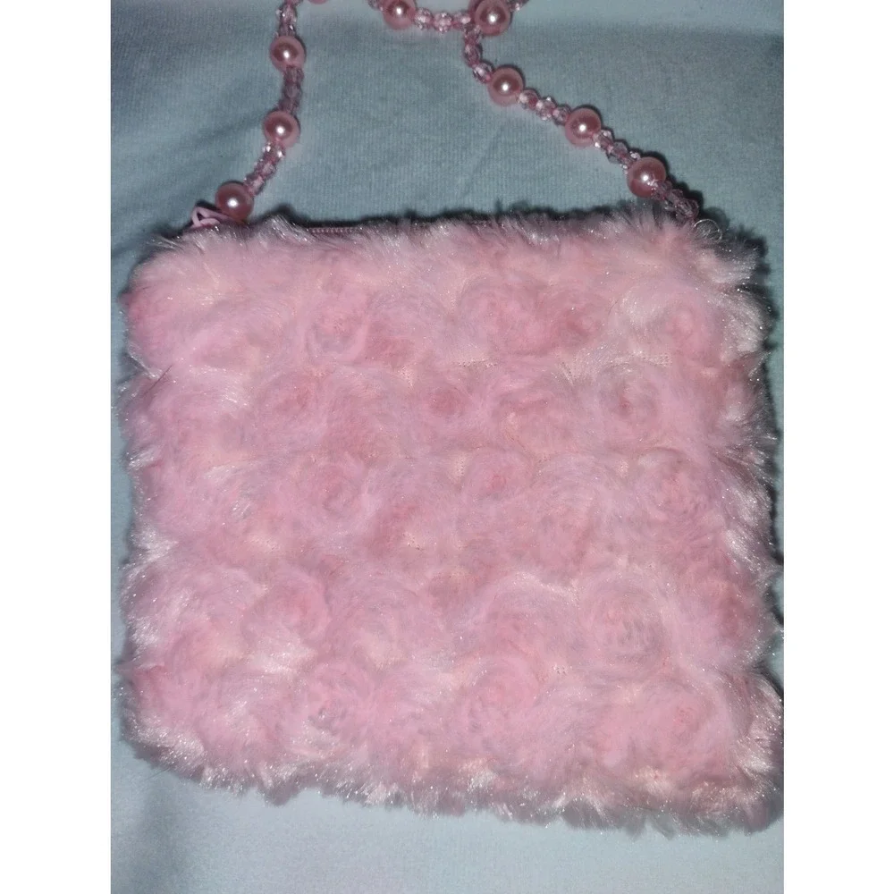 Princess Girl's Pink Faux Fur Beaded‎ Handle Purse Handbag Adorable Cute